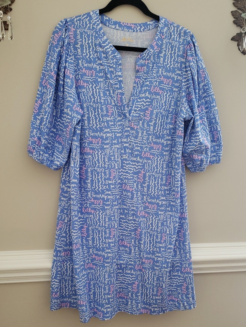 Lilly Pulitzer Colson  Blue Script-Print Midi Dress with Pink Accents